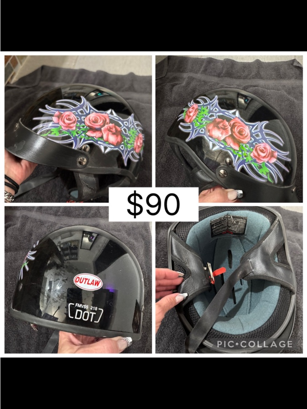 Outlaw Half Helmet with Pink Rose Graphic
